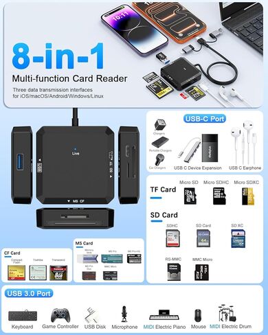 قارئ بطاقات CFexpress من النوع B، قارئ بطاقات CF Express متعدد 8 في 1 لقارئ بطاقات ذاكرة CFexpress من النوع B/CF/XD/MS/TF/SD/USB، USB3.2 Gen2 بسرعة 10 جيجابت في الثانية لأنظمة Windows/Mac/Linux/Android قراءة 6 بطاقات و2 يو اس بي in Kuwait