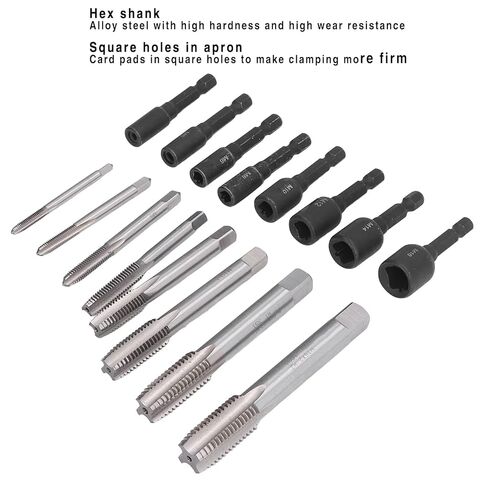 مجموعة مقابس صنبور مكونة من 16 قطعة، ظرف نقر مطول بساق سداسية مقاس 1/4 بوصة، أدوات يدوية من سبائك الصلب للقالب، والأعمال اليدوية، وإصلاح السيارات، تتضمن 8 مقابس و8 صنابير in Kuwait