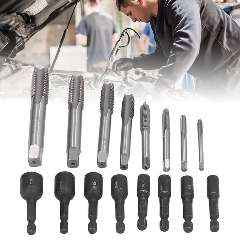 مجموعة مقابس صنبور مكونة من 16 قطعة، ظرف نقر مطول بساق سداسية مقاس 1/4 بوصة، أدوات يدوية من سبائك الصلب للقالب، والأعمال اليدوية، وإصلاح السيارات، تتضمن 8 مقابس و8 صنابير in Kuwait