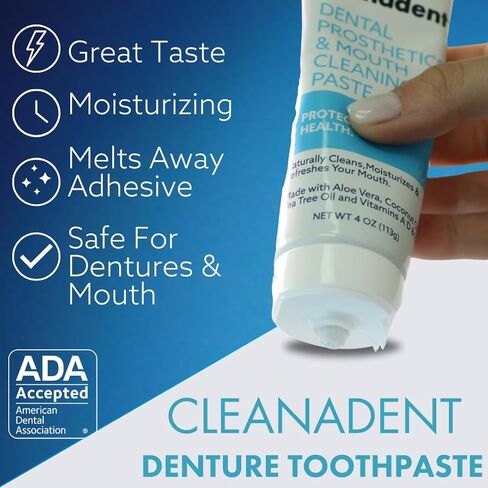 Dr. B Dental Solutions Cleanadent Denture and Gum Toothpaste, ADA Accepted All-Natural Denture Toothpaste for Adults - Removes Odors, Surface Stains and Adhesives - 4 oz in Saudi Arabia