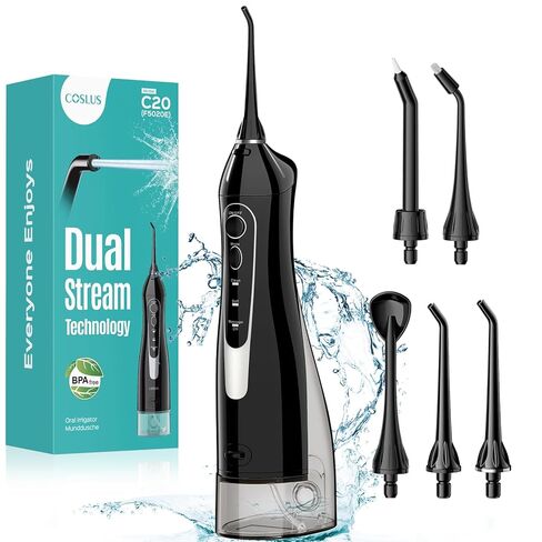 COSLUS Water Dental Flosser Teeth Pick C20(F5020E): جهاز ري فموي محمول لاسلكي 300 مل منظف ري للسفر قابل لإعادة الشحن IPX7 آلة تنظيف الأسنان الكهربائية المقاومة للماء لتنظيف الأسنان in Kuwait