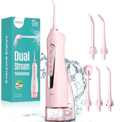 COSLUS Water Dental Flosser Teeth Pick C20(F5020E): جهاز ري فموي محمول لاسلكي 300 مل منظف ري للسفر قابل لإعادة الشحن IPX7 آلة تنظيف الأسنان الكهربائية المقاومة للماء لتنظيف الأسنان in Kuwait