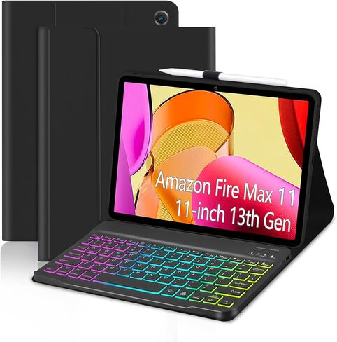 Case with Keyboard Mouse for Amazon Fire Max 11 inch (13th Generation, 2023 Release),7 Color Rainbow Backlit Detachable Type-C Charging Keyboard Magnetic Case Pen Holder 13th Gen Black in Kuwait