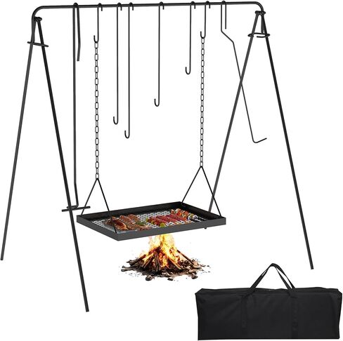 Campfire Swing Grill with Adjustable Grill Cooking Rack,Camp Fire Cooking Equipment Comes With 8 Hooks, Accessories and handbag,Portable Dutch Oven Hanger for Camping, Hiking, Cookware, Bonfire in Kuwait