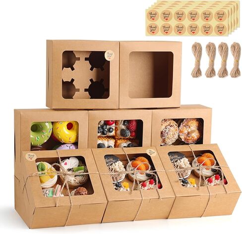 TOMNK 50 PCS Cupcake Boxes with Window, 6.3x6.3x3 Inch Cookie Boxes, Brown Bakery Containers for Pastry, Dessert, Chocolate Strawberries, Treat Boxes with Stickers and Jute Twine in Kuwait