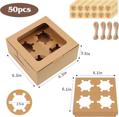 TOMNK 50 PCS Cupcake Boxes with Window, 6.3x6.3x3 Inch Cookie Boxes, Brown Bakery Containers for Pastry, Dessert, Chocolate Strawberries, Treat Boxes with Stickers and Jute Twine in Kuwait