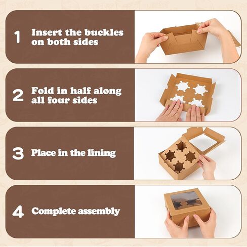 TOMNK 50 PCS Cupcake Boxes with Window, 6.3x6.3x3 Inch Cookie Boxes, Brown Bakery Containers for Pastry, Dessert, Chocolate Strawberries, Treat Boxes with Stickers and Jute Twine in Kuwait