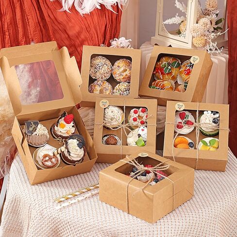 TOMNK 50 PCS Cupcake Boxes with Window, 6.3x6.3x3 Inch Cookie Boxes, Brown Bakery Containers for Pastry, Dessert, Chocolate Strawberries, Treat Boxes with Stickers and Jute Twine in Kuwait