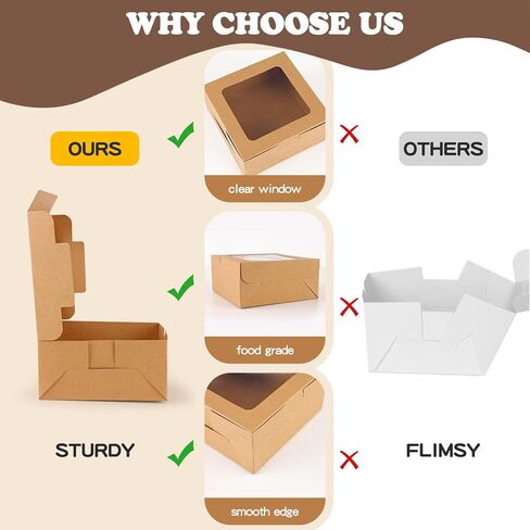 TOMNK 50 PCS Cupcake Boxes with Window, 6.3x6.3x3 Inch Cookie Boxes, Brown Bakery Containers for Pastry, Dessert, Chocolate Strawberries, Treat Boxes with Stickers and Jute Twine in Kuwait