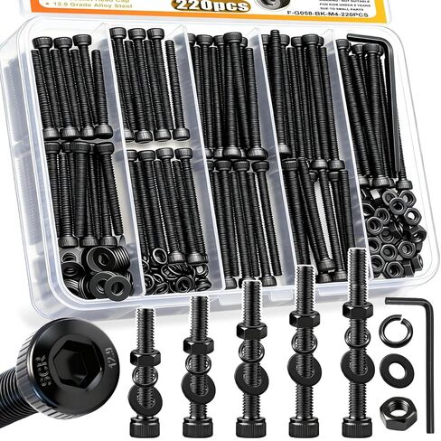 طقم براغي Taiss 220 قطعة M4 M4 × 30/35/40/45/50 مم، براغي مترية لغطاء رأس مقبس سداسي أسود، مجموعة متنوعة من غسالات البراغي والصواميل، مسامير فولاذية من سبائك 12.9 درجة للطابعة ثلاثية الأبعاد in Kuwait