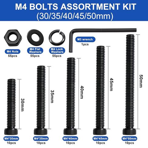 طقم براغي Taiss 220 قطعة M4 M4 × 30/35/40/45/50 مم، براغي مترية لغطاء رأس مقبس سداسي أسود، مجموعة متنوعة من غسالات البراغي والصواميل، مسامير فولاذية من سبائك 12.9 درجة للطابعة ثلاثية الأبعاد in Kuwait