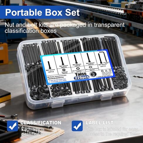 طقم براغي Taiss 220 قطعة M4 M4 × 30/35/40/45/50 مم، براغي مترية لغطاء رأس مقبس سداسي أسود، مجموعة متنوعة من غسالات البراغي والصواميل، مسامير فولاذية من سبائك 12.9 درجة للطابعة ثلاثية الأبعاد in Kuwait