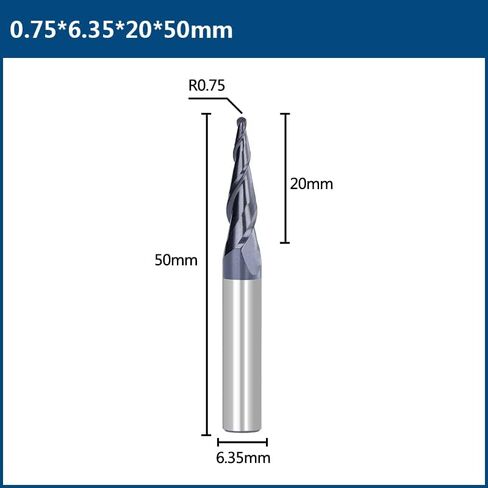 مطحنة نهاية الكرة الأنفية R0.25-R1.0 2 الناي مدبب الكرة نهاية مطحنة 1/4 "أداة طحن كربيد عرقوب قاطعة الطحن الحلزونية ماكينة CNC قاطعة الطحن (R0.75x20x6.35x50) in Kuwait