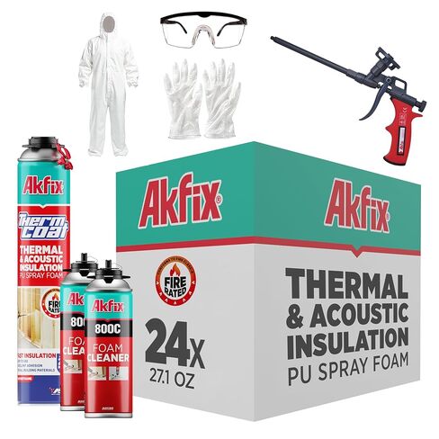 Akfix Thermcoat Fire Rated Spray Foam Insulation Kit 20 sq ft (1x27.1 oz.) - Closed Cell Expanding Wide Sealant Thermal & Acoustic Insulation for Walls and Attic - Gun & Cleaner Included, 1 Pack in Kuwait