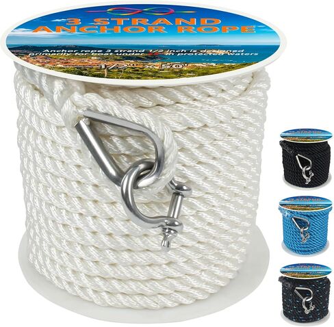 Anchor Rope 1/2 Inch 50 FT, Anchor Line 3 Strand Boat Rope with Stainless Steel Thimble & Shackle, Boat Anchor Rope Ideal for Towing Docking Mooring Boats Up to 35' - Black & Lake Blue in Saudi Arabia