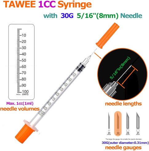 محاقن TAWEE 1CC بإبرة 30G 5/16 بوصة (طول 8 مم)، حقنة عينة للاستعمال مرة واحدة U-100 مع طرف إبرة مقطوعة ثلاثية المشطوف 1 مل حقنة مختبر 14 حزمة in Saudi Arabia