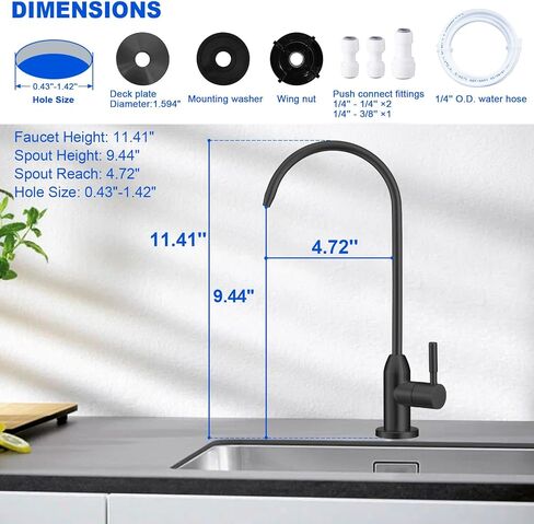 صنبور مياه الشرب - صنبور مياه مفلتر بجذع طويل للسطح السميك، صنبور RO خالي من الرصاص مع خرطوم وتركيبات توصيل الدفع (أسود غير لامع) in Kuwait