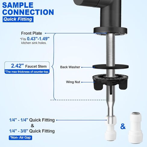 صنبور مياه الشرب - صنبور مياه مفلتر بجذع طويل للسطح السميك، صنبور RO خالي من الرصاص مع خرطوم وتركيبات توصيل الدفع (أسود غير لامع) in Kuwait