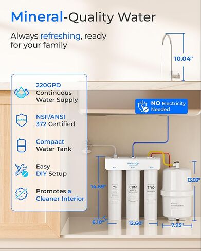 Waterdrop T3-T 220 GPD، نظام التناضح العكسي لإعادة التمعدن 7 مراحل، 2:1 نقي للتصريف، نظام تنقية مياه معتمد NSF/ANSI 372، فلتر مياه RO تحت الحوض مع خزان مياه، لا حاجة إلى طاقة in Kuwait
