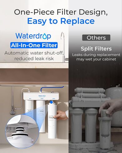 Waterdrop T3-T 220 GPD، نظام التناضح العكسي لإعادة التمعدن 7 مراحل، 2:1 نقي للتصريف، نظام تنقية مياه معتمد NSF/ANSI 372، فلتر مياه RO تحت الحوض مع خزان مياه، لا حاجة إلى طاقة in Kuwait