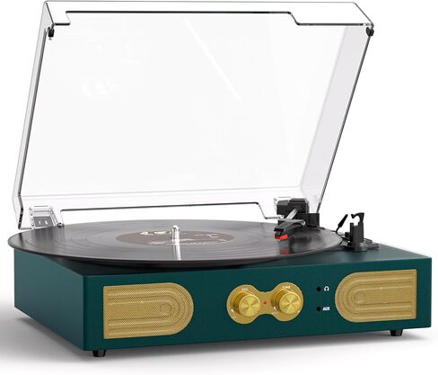 Vinyl Record Player with Bass & Treble Control, Vintage 3-Speed Turntable with Built-in Speakers, Belt-Drive LP Player with Headphone Jack, RCA/AUX Outputs, Dark Green in Kuwait