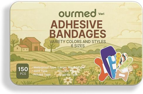 ضمادات لاصقة متنوعة من Ourmed في صندوق من الصفيح، نسيج مرن ومقاوم للماء، أحجام وأنواع متنوعة، للإسعافات الأولية والجروح والجروح الطفيفة والأصابع والركبتين، 150 قطعة in Kuwait