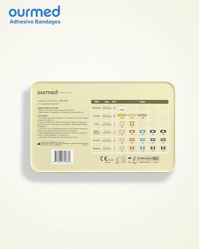 ضمادات لاصقة متنوعة من Ourmed في صندوق من الصفيح، نسيج مرن ومقاوم للماء، أحجام وأنواع متنوعة، للإسعافات الأولية والجروح والجروح الطفيفة والأصابع والركبتين، 150 قطعة in Kuwait