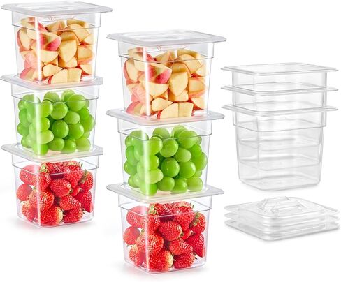 عبوة من 6 أوعية طعام بلاستيكية مع أغطية مدرجة في قائمة NSF من Wilprep، مقاس 1/6 مقاس 6 في حاويات تخزين طعام شفافة عميقة، فندق تجاري من البولي كربونات قابل للتكديس سعة 2.6 لتر للفواكه والخضروات والفاصوليا والذرة in Kuwait