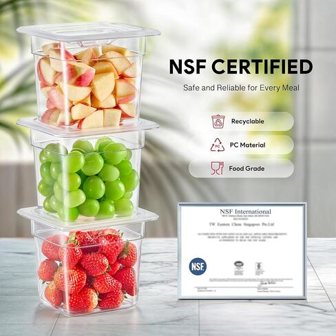عبوة من 6 أوعية طعام بلاستيكية مع أغطية مدرجة في قائمة NSF من Wilprep، مقاس 1/6 مقاس 6 في حاويات تخزين طعام شفافة عميقة، فندق تجاري من البولي كربونات قابل للتكديس سعة 2.6 لتر للفواكه والخضروات والفاصوليا والذرة in Kuwait