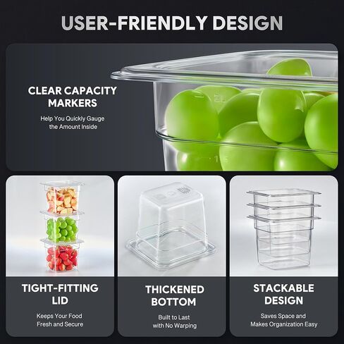 عبوة من 6 أوعية طعام بلاستيكية مع أغطية مدرجة في قائمة NSF من Wilprep، مقاس 1/6 مقاس 6 في حاويات تخزين طعام شفافة عميقة، فندق تجاري من البولي كربونات قابل للتكديس سعة 2.6 لتر للفواكه والخضروات والفاصوليا والذرة in Kuwait