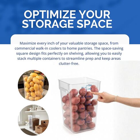FSE 373-FC22C Food Container, 22 Qt Square Clear Storage Container with Measurement Markings, Stackable Space-Saving Design, Durable Construction, NSF, Lid Sold Separately in Saudi Arabia