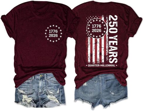 قميص الولايات المتحدة الأمريكية للذكرى الـ 250 للنساء 250 عامًا تي شيرت برسوم العلم الأمريكي 4th من يوليو تي شيرت وطني بياقة دائرية in Kuwait
