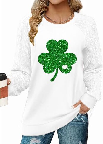 Qbily St Patrick's Day Sweatshirts for Women Crewneck Cable Knit Sleeve Glitter Shamrock Paddy's Day Sweaters Lightweight in Saudi Arabia