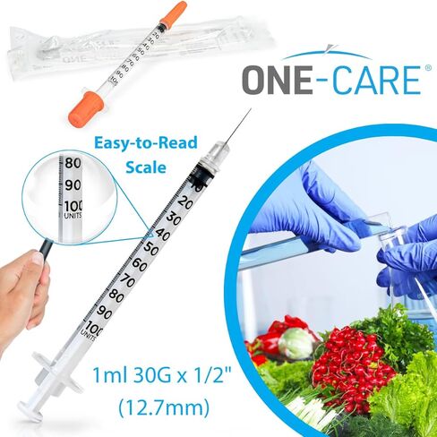 حقنة ONE-CARE 1 مل/سم مكعب، 30 جرام × 1/2 بوصة (12.7 ملم)، مغلفة بشكل فردي، غطاء برتقالي، 100 موزع معمل لكل صندوق in Saudi Arabia