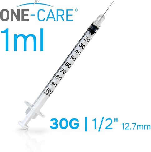 حقنة ONE-CARE 1 مل/سم مكعب، 30 جرام × 1/2 بوصة (12.7 ملم)، مغلفة بشكل فردي، غطاء برتقالي، 100 موزع معمل لكل صندوق in Saudi Arabia