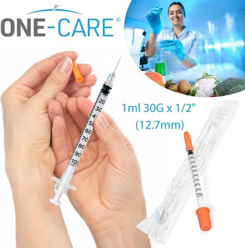 حقنة ONE-CARE 1 مل/سم مكعب، 30 جرام × 1/2 بوصة (12.7 ملم)، مغلفة بشكل فردي، غطاء برتقالي، 100 موزع معمل لكل صندوق in Saudi Arabia