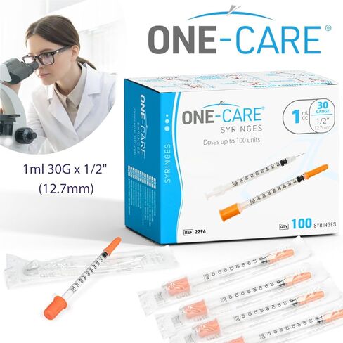 حقنة ONE-CARE 1 مل/سم مكعب، 30 جرام × 1/2 بوصة (12.7 ملم)، مغلفة بشكل فردي، غطاء برتقالي، 100 موزع معمل لكل صندوق in Saudi Arabia