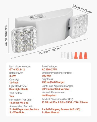 VEVOR 12 Pack Emergency Lights for Business, with Battery Backup, Commercial LED Emergency Exit Lighting Fixtures, AC 120/277V, with Two Square Head Adjustable, 90-Minute Backup, for Business, White in Saudi Arabia