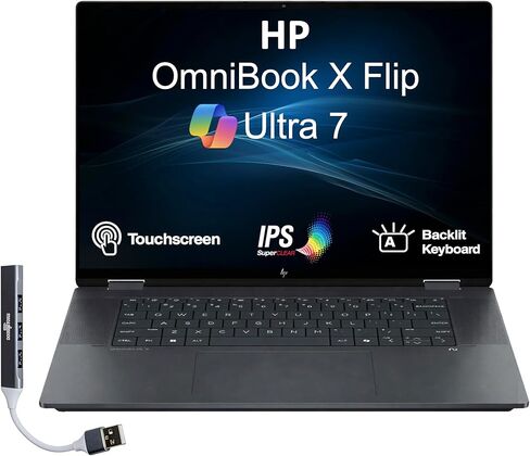 HP OmniBook X Flip AI Powered 2-in-1 Copilot+ Laptop (NextGen Envy x360) 16.0" Touch IPS WUXGA (Intel Ultra 7-258V, 32GB LPDDR5X, 2TB SSD, Backlit KB, Thunderbolt 4, Win11H) w/DKZ USB Port Expander in Saudi Arabia
