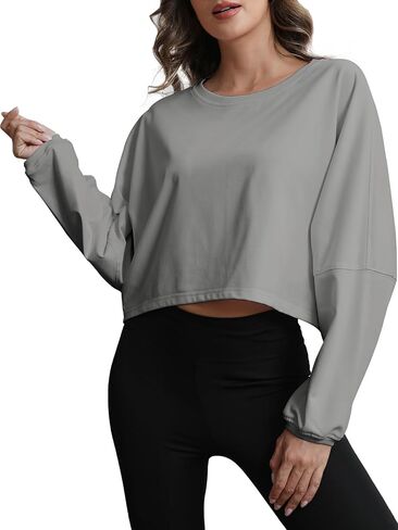 Womens Cropped Sweatshirt Loose Fit Workout Tops - Crewneck Pullover Long Sleeve Casual Fashion Sweaters for Yoga Gym Fitness Light Grey L in Saudi Arabia