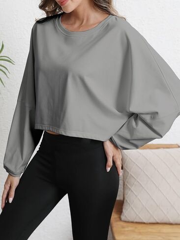 Womens Cropped Sweatshirt Loose Fit Workout Tops - Crewneck Pullover Long Sleeve Casual Fashion Sweaters for Yoga Gym Fitness Light Grey L in Saudi Arabia