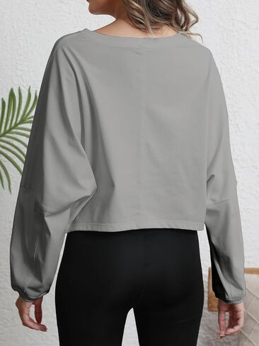 Womens Cropped Sweatshirt Loose Fit Workout Tops - Crewneck Pullover Long Sleeve Casual Fashion Sweaters for Yoga Gym Fitness Light Grey L in Saudi Arabia
