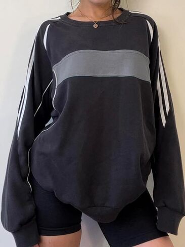Women Patchwork Sweatshirt Color Block Patchwork Pullover Y2K Vintage Sweatshirt Streetwear in Saudi Arabia