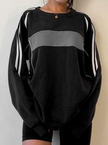 Women Patchwork Sweatshirt Color Block Patchwork Pullover Y2K Vintage Sweatshirt Streetwear in Saudi Arabia