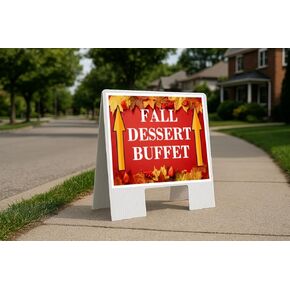 Fall Dessert Buffet Autumn Frame Colorful Maple Leaves On Red Background Directional Arrows A-Frame Double Sided 23x23 in. sign in Kuwait