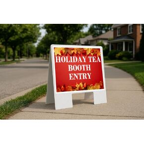Holiday Tea Booth Entry Autumn Frame Colorful Maple Leaves On Red Background Up Arrows A-Frame Single Sided 23x23 in. sign in Kuwait