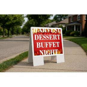 Harvest Dessert Buffet Night Autumn Frame Colorful Maple Leaves On Red Background Directional Arrows A-Frame Double Sided 23x23 in. sign in Kuwait