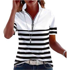 بلايز الصيف للنساء 2026 الربع البريدي الوقوف طوق قمصان مخطط كتلة اللون تي شيرت الربيع عطلة وتتسابق بلوزة in Kuwait