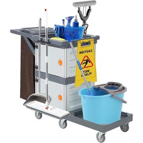 Commercial 3-Shelf Janitorial Cart with 2 Cabinets/Shelves, Commercial Traditional Wheeled Cleaning Cart with Cover and Oxford Bag, 300 Lb Capacity, Suitable for Schools, Hotels, Apartments in Kuwait