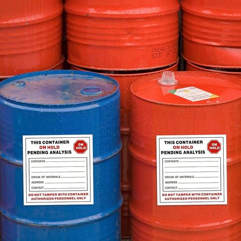 200 عبوة من ملصقات الفينيل للنفايات الخطرة من Harloon بطول 15.24 سم × عرض 15.24 سم، لاصق من البوليستر، هذه الحاوية معلقة في انتظار التحليل، ملصقات صناعية، أحمر أسود على أبيض، سُمك 2.6 مل in Kuwait